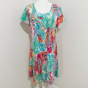 Ivy Lane Pink Green Paisley Print Pullover Dress Women's Size L